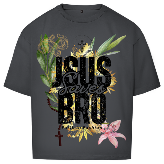JESUS SAVES BRO - FLOWERS & CHAIN - OVERSIZE SHIRT - UNISEX - FRONT - CHARCOAL