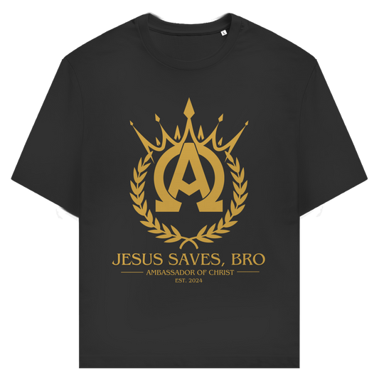 JESUS SAVES BRO - ALPHA & OMEGA - T-SHIRT - UNISEX - FRONT - BLACK