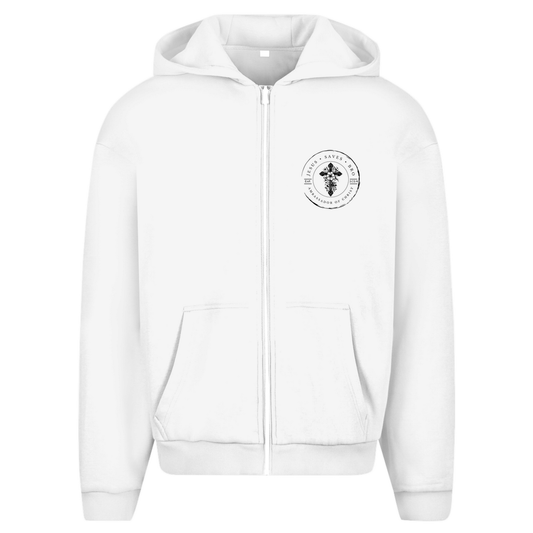 Oversize Zipper Unisex Der Herr ist mein Fels Jesus saves Bro Weiss Front