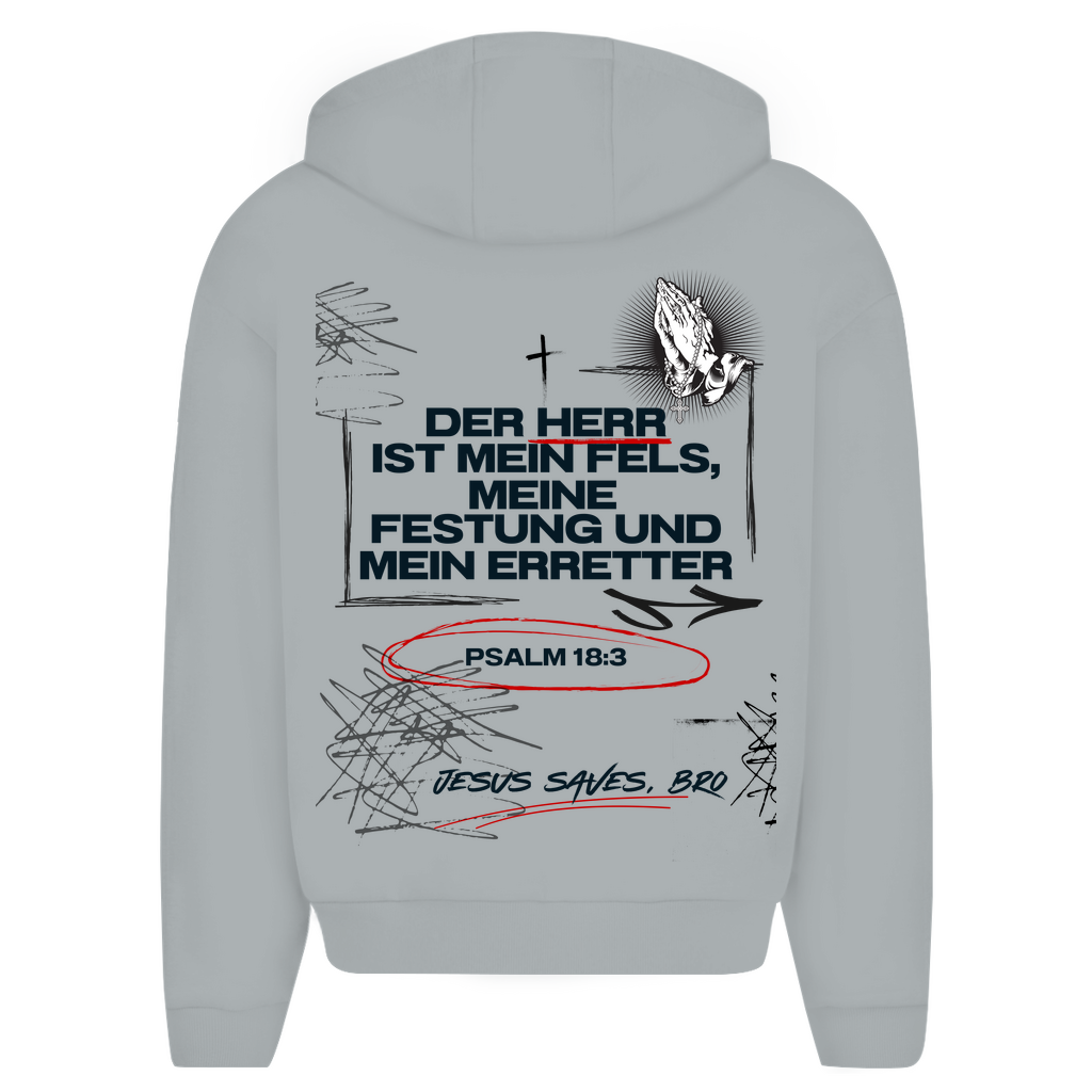 Oversize Zipper Unisex Der Herr ist mein Fels Jesus saves Bro Grau Back