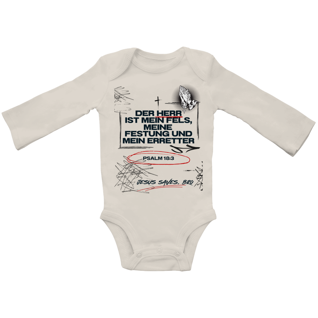 JESUS SAVES BRO - DER HERR IST MEIN FELS - BABY BODYSUIT LONGSLEEVE