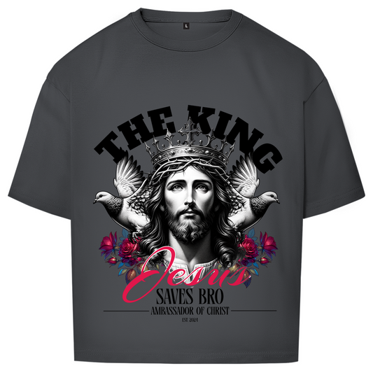 JESUS SAVES BRO - THE KING - OVERSIZE SHIRT - UNISEX - FRONT - CHARCOAL