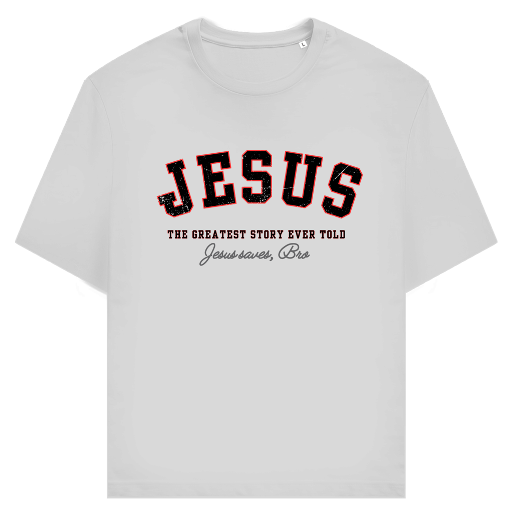 JESUS SAVES BRO - THE GREATEST STORY EVER TOLD - T-SHIRT - UNISEX - FRONT - HEATHER GREY