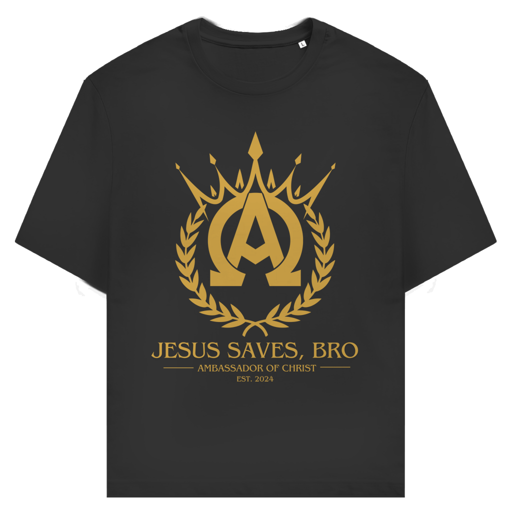 JESUS SAVES BRO - ALPHA & OMEGA - T-SHIRT - UNISEX - FRONT - BLACK