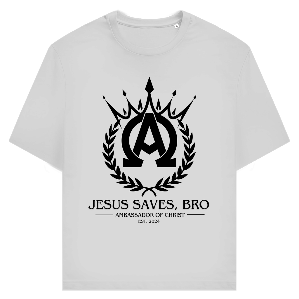 JESUS SAVES BRO - ALPHA & OMEGA - T-SHIRT - UNISEX - FRONT - HEATHER GREY