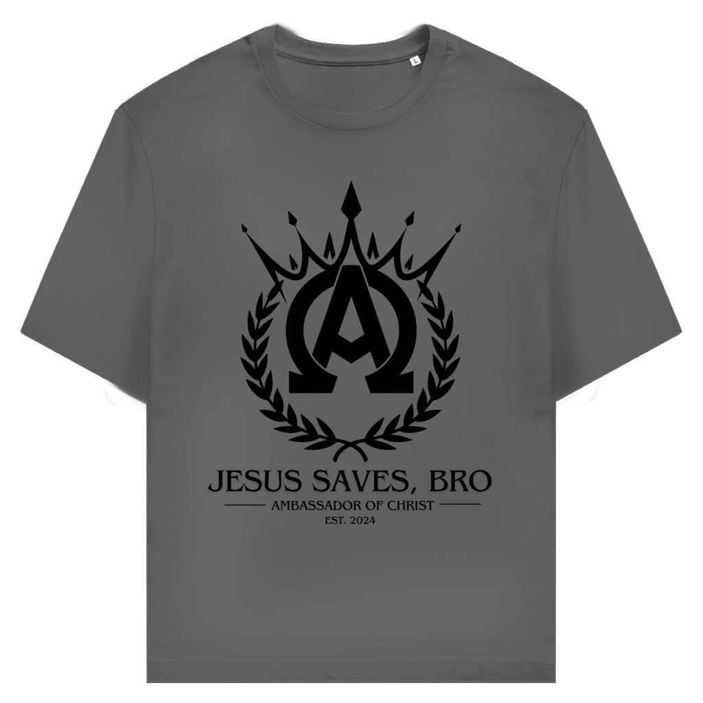 JESUS SAVES BRO - ALPHA & OMEGA - T-SHIRT - UNISEX - FRONT - DARK HEATHER GREY