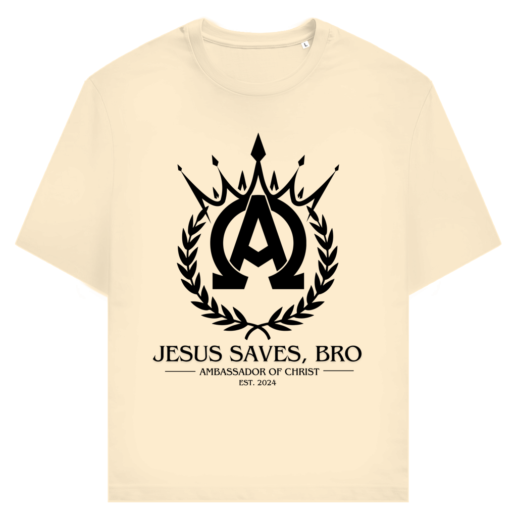 JESUS SAVES BRO - ALPHA & OMEGA - T-SHIRT - UNISEX - FRONT - NATURAL RAW