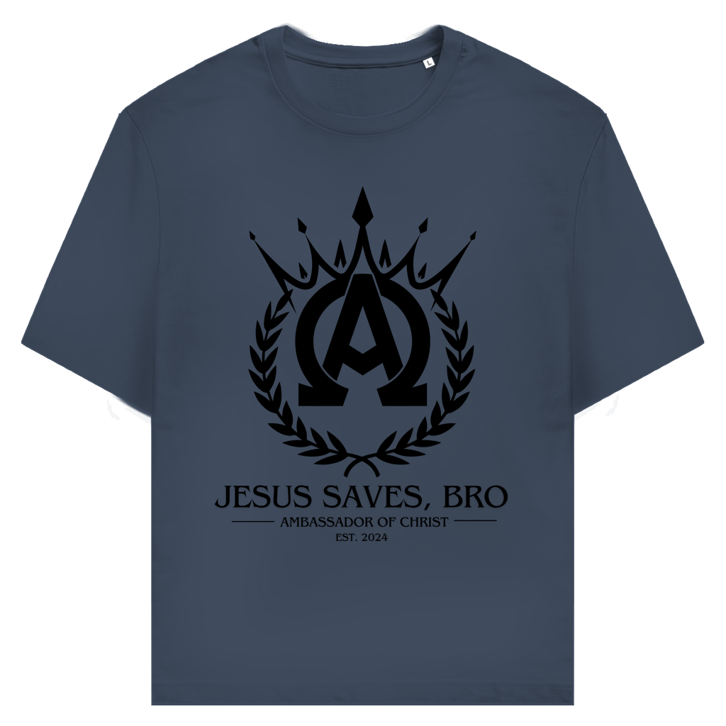 JESUS SAVES BRO - ALPHA & OMEGA - T-SHIRT - UNISEX - FRONT - INDIA INK GREY
