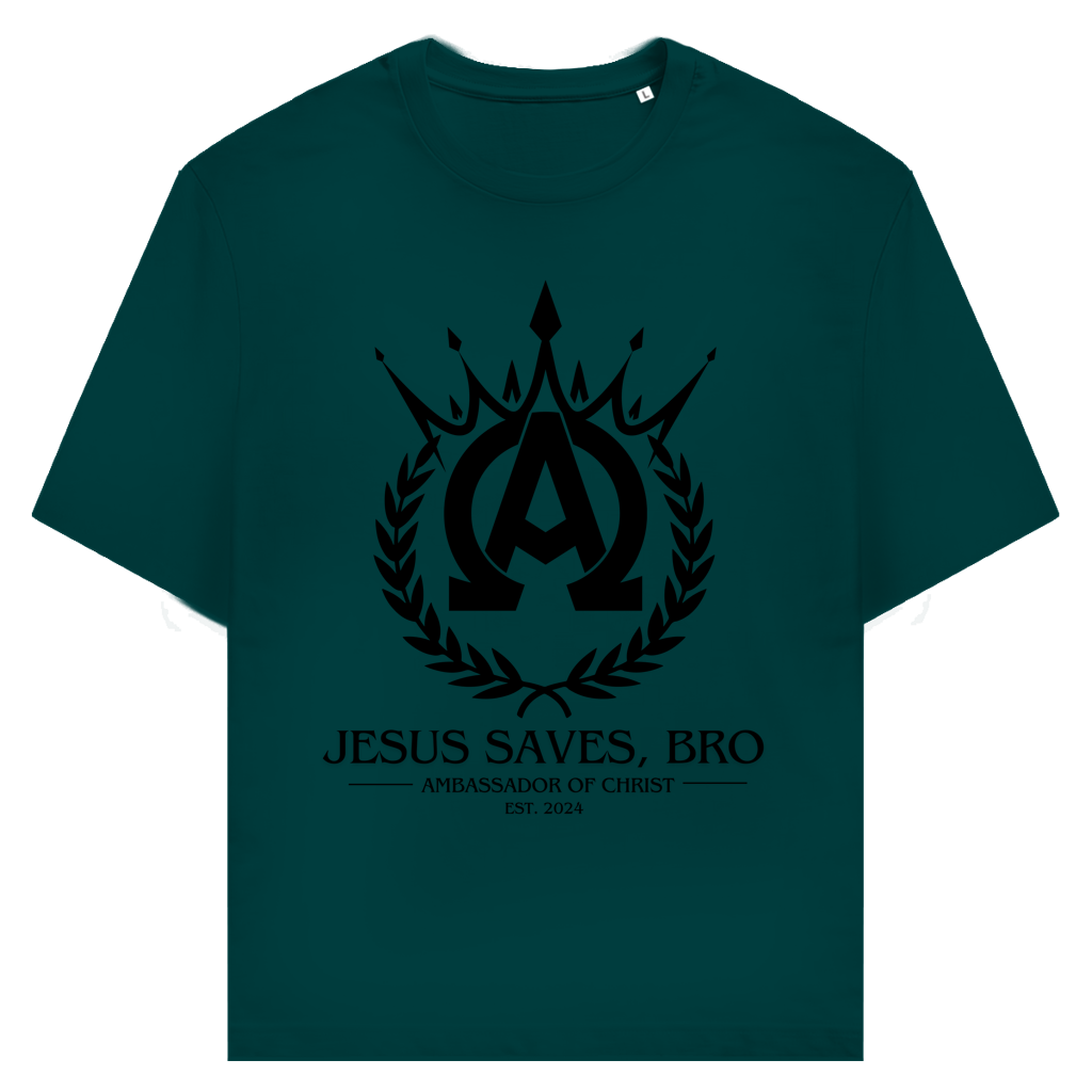 JESUS SAVES BRO - ALPHA & OMEGA - T-SHIRT - UNISEX - FRONT - GLAZED GREEN
