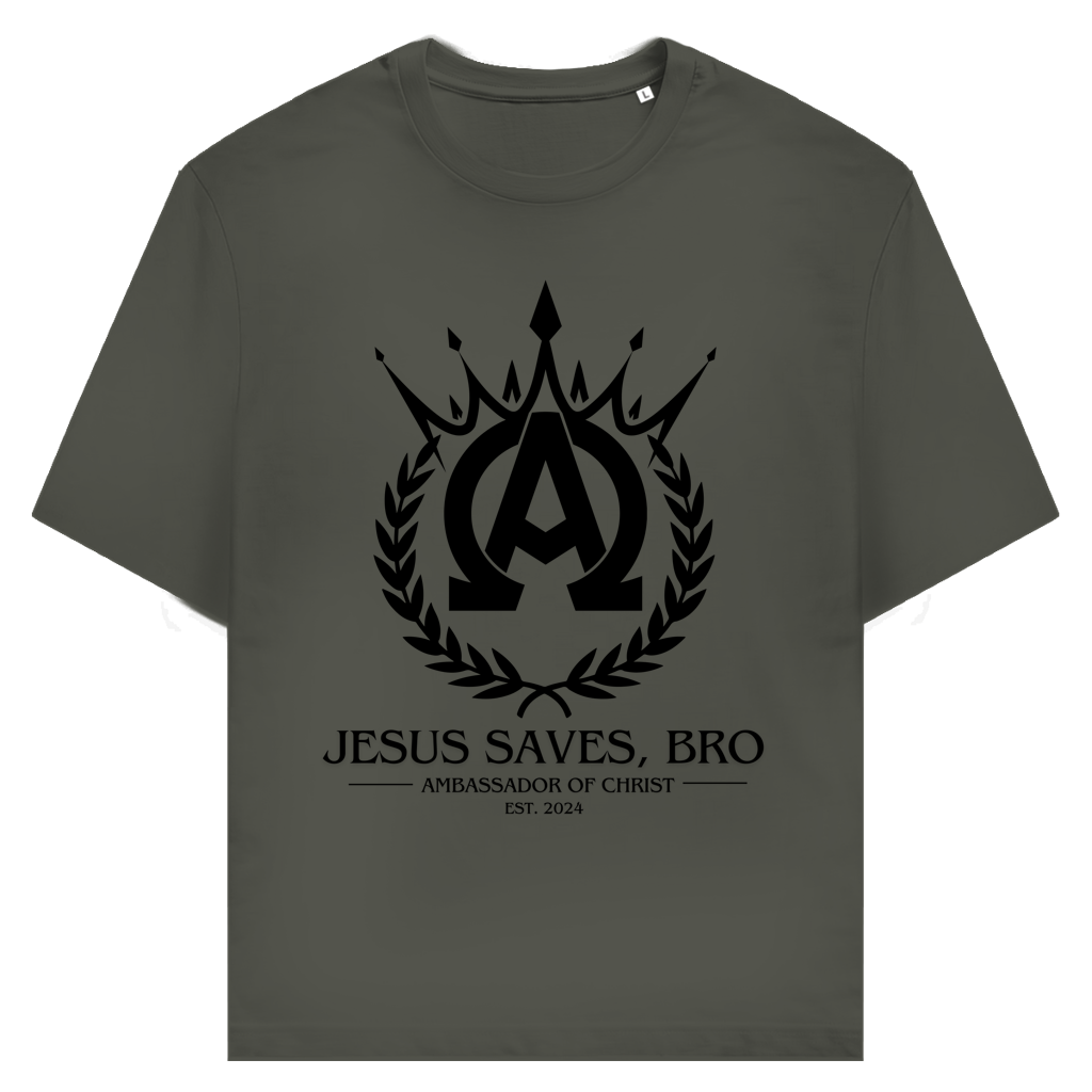 JESUS SAVES BRO - ALPHA & OMEGA - T-SHIRT - UNISEX - FRONT - KHAKI