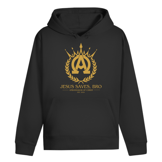 JESUS SAVES BRO - ALPHA & OMEGA - HOODIE - UNISEX - FRONT - BLACK