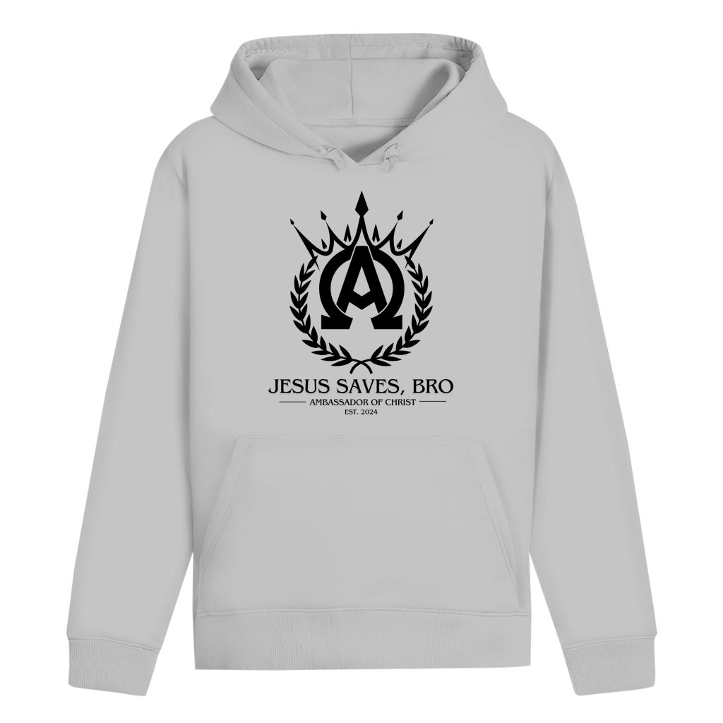 JESUS SAVES BRO - ALPHA & OMEGA - HOODIE - UNISEX - FRONT - HEATHER GREY
