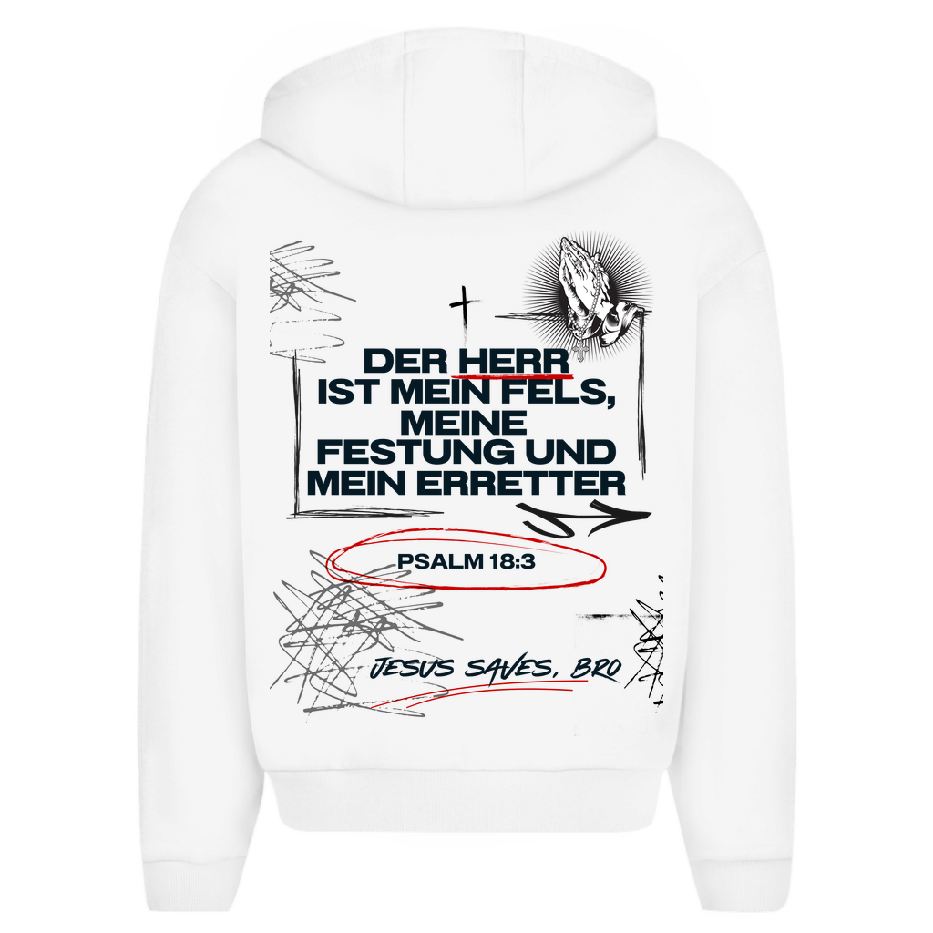 Oversize Zipper Unisex Der Herr ist mein Fels Jesus saves Bro Weiss Back