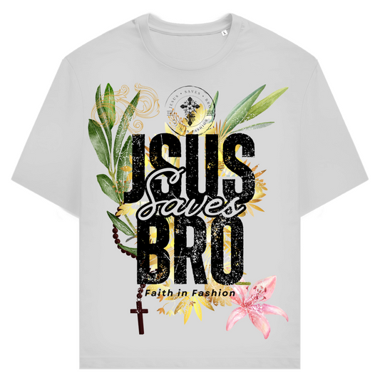 JESUS SAVES BRO - FLOWERS & CHAIN - T-SHIRT - UNISEX - FRONT - HEATHER GREY