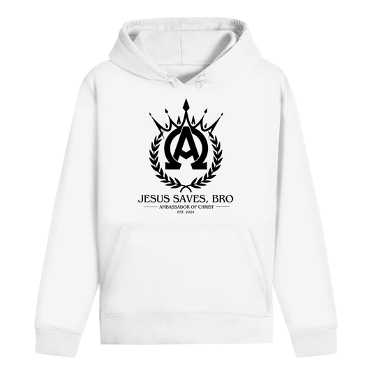 JESUS SAVES BRO - ALPHA & OMEGA - HOODIE - UNISEX - FRONT - WHITE